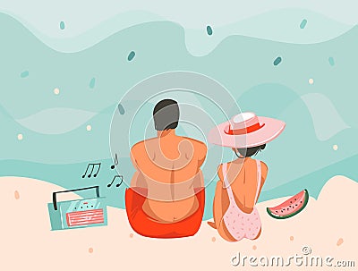 Hand drawn vector stock abstract graphic picnic illustration with a sunbathing sitting couple music boombox in ocean Vector Illustration