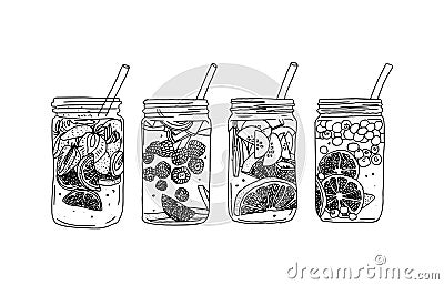 Hand drawn vector summer ice drink with citrus and berries. Lemon and mint. Detox water sketch. Linear illustration. Vector Illustration