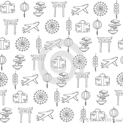 Hand drawn vector travel to asia seamless pattern containing different oriental elements contours Vector Illustration