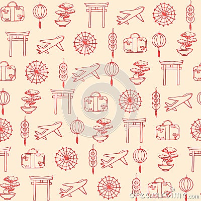 Hand drawn vector travel to asia seamless pattern containing oriental elements red contours. Ornament on the beige background. Vector Illustration