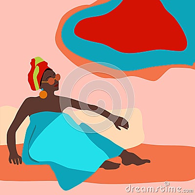 Young african woman relaxing in beach blue traditional dress.Lady with head scarf. Vector Illustration