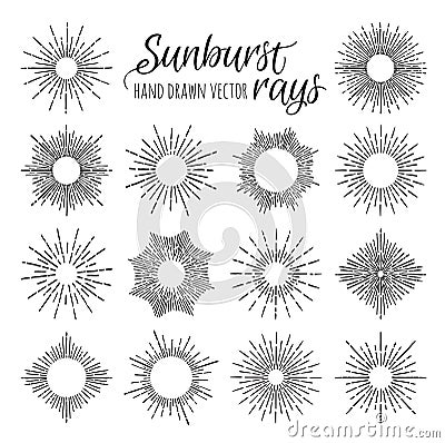 Hand Drawn vector vintage elements - sunburst (bursting) rays. Vector Illustration