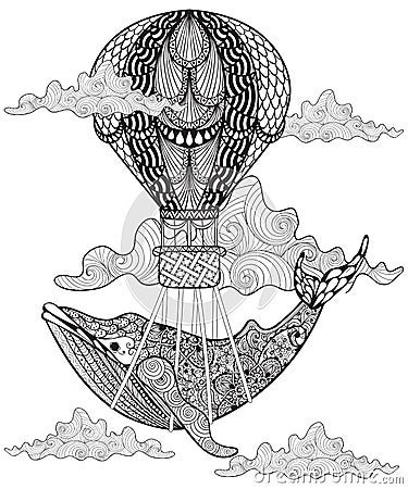 Hand drawn vector Whale flying with artistic air balloon in clouds. Doodle magic zentangle style. Child illustration for Vector Illustration