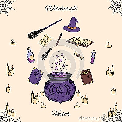 Hand drawn vector witchcraft set. Includes potions, herbs, books, witches hat and broom, candles, magic wand and cauldron Vector Illustration