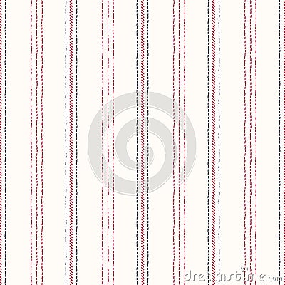 Hand-Drawn Vertical Stripes with Red and Black Embroidery Stitches on White Background Vector Seamless Pattern Vector Illustration