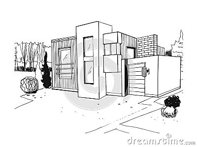 Hand drawn villa. modern private residential house. black and white sketch illustration. Vector Illustration