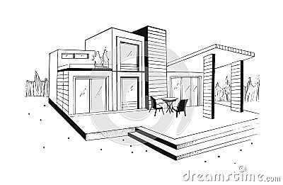 Hand drawn villa. modern private residential house. black and white sketch illustration. Vector Illustration