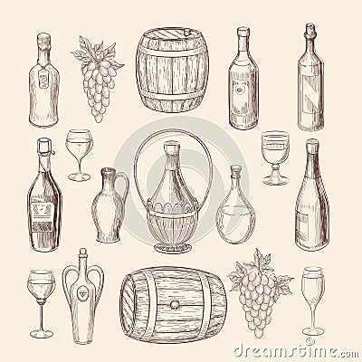 Hand drawn vineyard sketch and doodle wine vector elements Vector Illustration