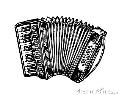 Hand-drawn vintage accordion, bayan. Music instrument, chanson, melody symbol. Sketch vector illustration Vector Illustration