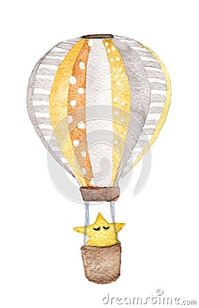 Hand drawn vintage air balloon with star flying in the sky, on white background , with clipping path Cartoon Illustration