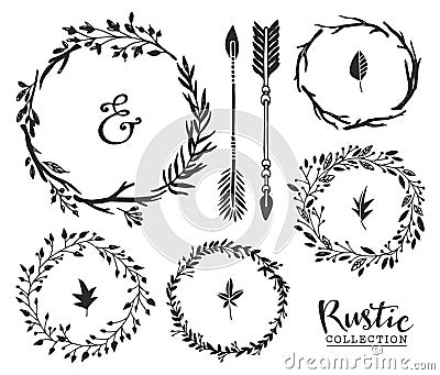 Hand drawn vintage ampersand, arrows and wreaths. Rustic decorative vector design set. Vector Illustration