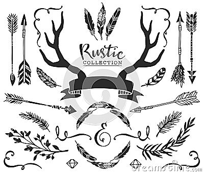 Hand drawn vintage antlers, feathers, arrows with lettering. Rustic decorative vector design set. Vector Illustration