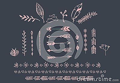 Hand drawn vintage arrows, feathers, dividers and floral elements Vector Illustration