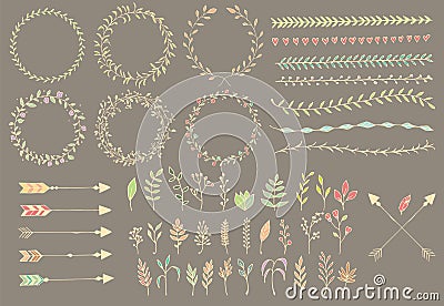 Hand drawn vintage arrows, feathers, dividers and floral elements Vector Illustration