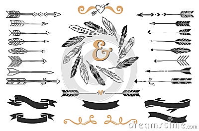 Hand drawn vintage arrows, feathers, and ribbons with lettering. Vector Illustration