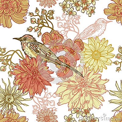 Hand drawn vintage botanical seamless pattern with bird Vector Illustration