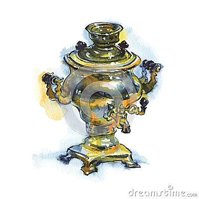 Hand drawn vintage bronze samovar. Watercolor old russian pot in rustic style isolated on white background Cartoon Illustration