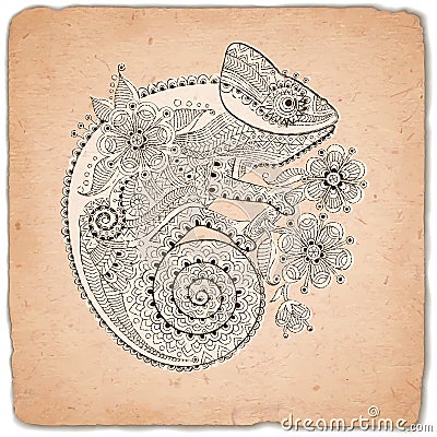 Hand drawn vintage card with a chameleon and decorative patterns. Vector Illustration