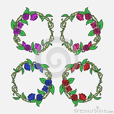 Hand drawn Vintage decorative lovely set of laurels and flower wreaths Doodle ancient roses wreath, decorative design element Stock Photo