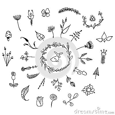 Hand Drawn vintage floral elements. Set of flowers, arrows, icons and decorative elements. Vector Illustration