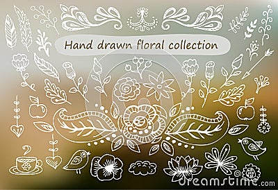 Hand Drawn vintage floral elements. Set of flowers, arrows, icons and decorative elements. Vector Illustration