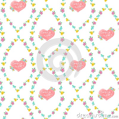 Hand drawn vintage floral wall paper, sweet home hearts, seamless pattern Stock Photo