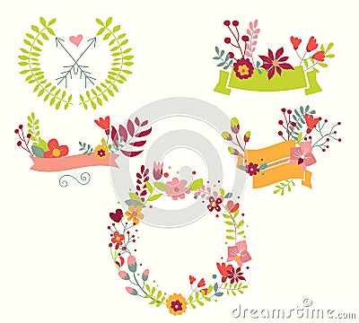 Hand drawn vintage flowers and floral elements for weddings Vector Illustration