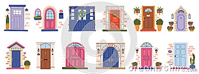 Hand drawn vintage front wooden doors, house or apartment entrances. House front doors, retro wooden home entrance Vector Illustration