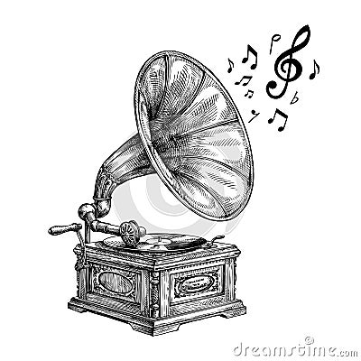Hand-drawn vintage gramophone with music notes. Vector illustration Vector Illustration