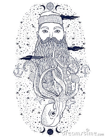 Hand Drawn vintage hipster sailor beard portrait. Old tatoo seaman. Man is an ideal art for print,coloring book, posters, t-shirts Cartoon Illustration