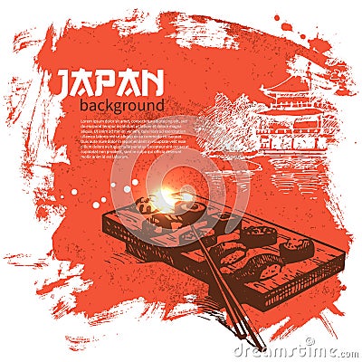 Hand drawn vintage Japanese sushi background Vector Illustration