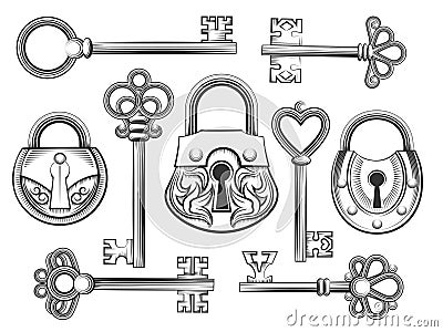 Hand drawn vintage key and lock vector set Vector Illustration