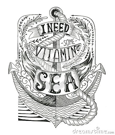 Hand drawn vintage label with an anchor and lettering. Cartoon Illustration