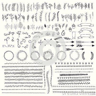 Hand drawn vintage leaves, arrows, feathers, wreaths, dividers, ornaments and floral decorative elements Vector Illustration