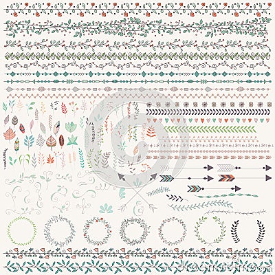 Hand drawn vintage leaves, arrows, feathers, wreaths, dividers, Vector Illustration