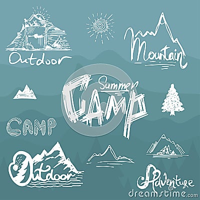 Hand-Drawn vintage lettering label mountains, forest and su Vector Illustration