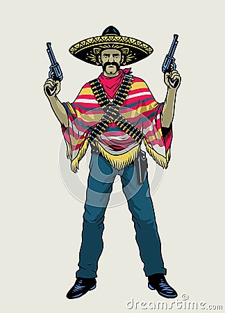 Hand drawn Vintage Mexican Bandit Vector Illustration