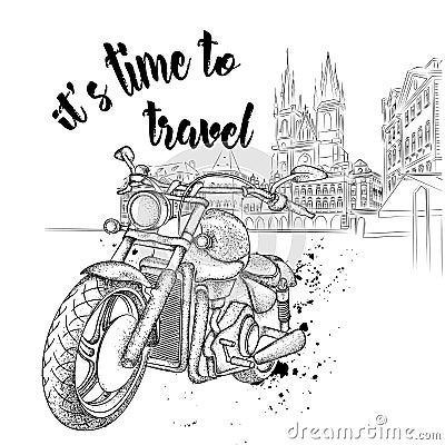Hand drawn vintage motorcycle on background. The old city of Prague. Vector illustration Vector Illustration