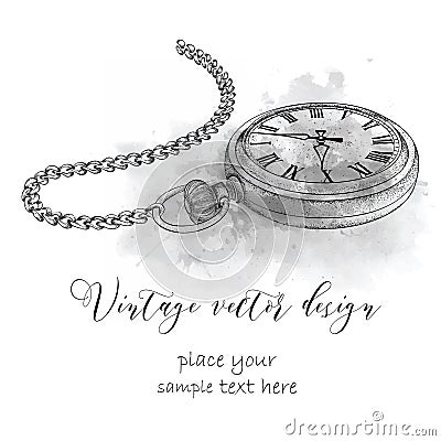 Hand drawn vintage postcard. A pocket watch on abstract background with Watercolor Stains Vector Illustration