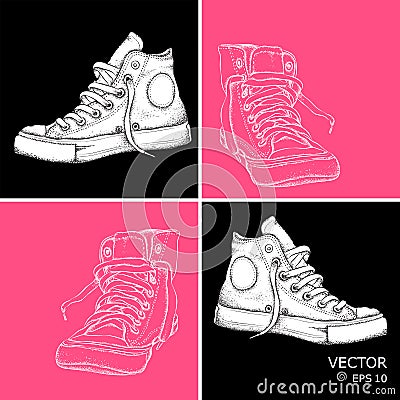 Hand-drawn vintage sneakers. Pop art style vector illustration. Vector Illustration