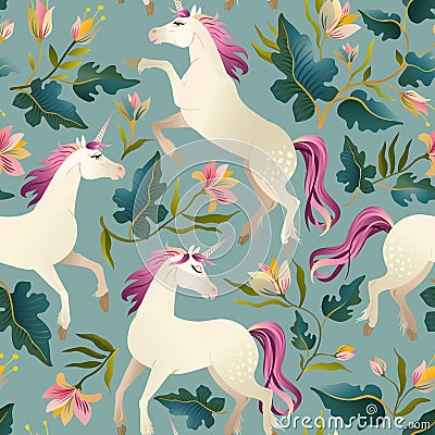 Hand drawn vintage Unicorn in magic forest seamless pattern. Vector illustration. Vector Illustration