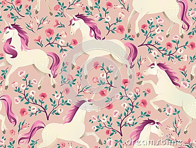 Hand drawn vintage Unicorn in magic forest seamless pattern. Vector illustration in Victorian style. Vector Illustration