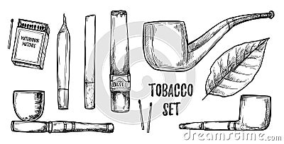 Hand drawn vintage vector illustration - tobacco collection. Design elements in sketch style ( joint, tobacco Vector Illustration