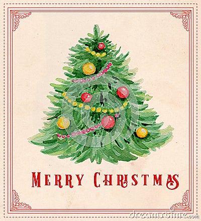 Vintage watercolor Christmas greeting card Stock Photo