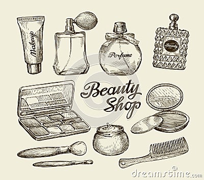 Hand drawn vintage womens cosmetics. Vector Illustration