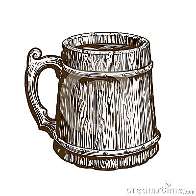 Hand-drawn vintage wooden mug of craft beer. Ale, brew, drink symbol. Sketch vector illustration Vector Illustration