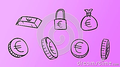 Hand drawn violet business euro symbols. 2d money illustration with doodle design style Cartoon Illustration