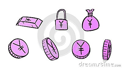 Hand drawn violet business yen symbols. 2d money illustration with doodle design style Cartoon Illustration