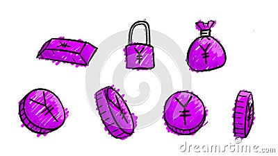 Hand drawn violet business yen symbols. 2d money illustration with doodle design style Cartoon Illustration