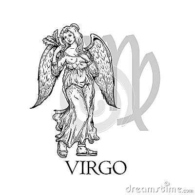 Hand drawn Virgo. Zodiac symbol in vintage gravure or sketch style. Mythical girl with wings angel. Retro astrology constellatio Vector Illustration